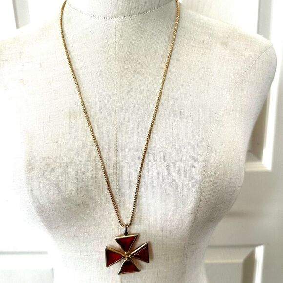 Maltese  red and gold tone Cross pendant necklace - Picture 2 of 11
